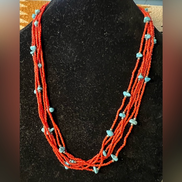Vintage Artisan Crafted Red Coral & Turquoise 6-Strand Necklace - Picture 7 of 12